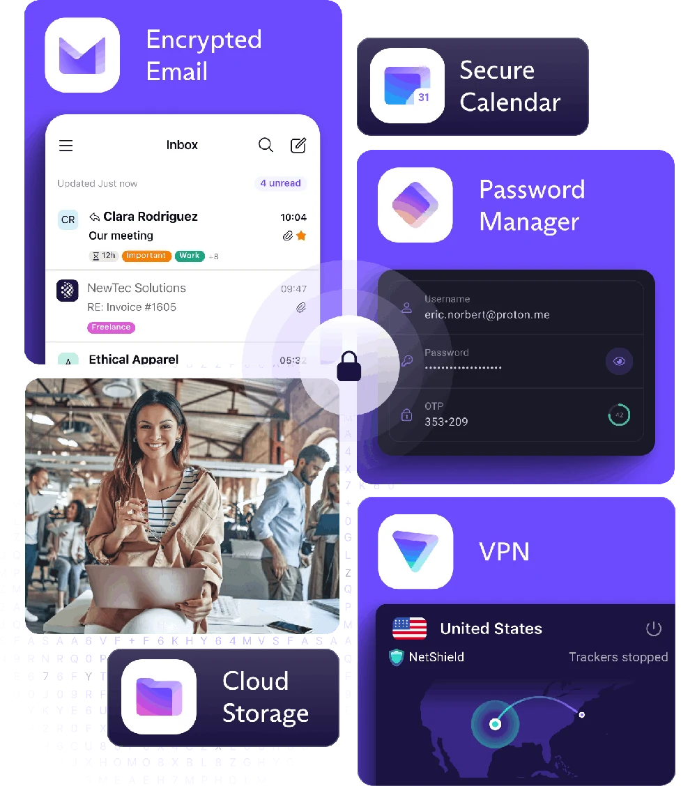 Aplicații Proton Mail, Calendar, Pass, Drive și VPN, din prezentarea TRU